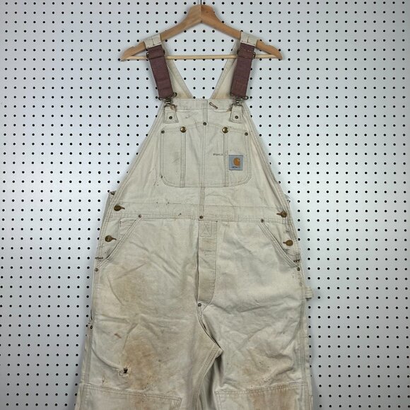 Carhartt Overall 38x30 Duck Bib Canvas Double Knee Work Faded Cotton Khaki 90s - Picture 2 of 7